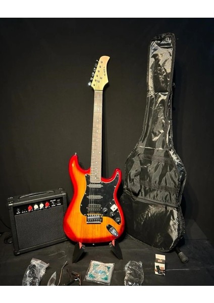 Elektro Gitar Seti Cheryburst Hss Manyetik 15w Amfi Kılıf Kapo Askı Yedek tel Tuner Pena Stant
