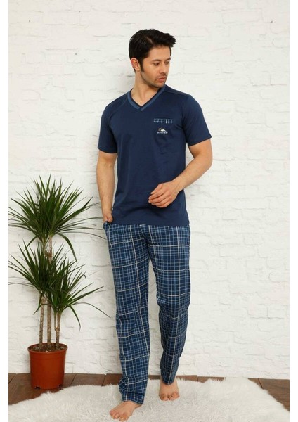 Erkek Ekose Desen V Yaka Düğmesiz Pamuk Kısa Kol Cepli Pijama Takımı