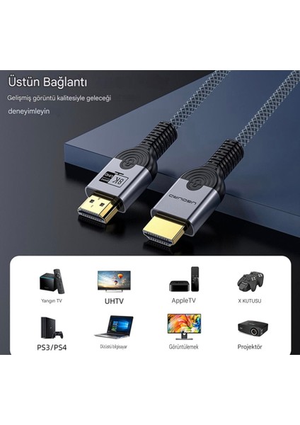 1-Metre Ultra Sertifikalı HDMI 2.1 Kablo 48Gbps 8K/60Hz,4K/120Hz,4K/60Hz, Earc, Hdcp 2.2, D-Hdr, Dolby Vision, Dolby Atmos Ce Lisanslı Örgülü Sağlam