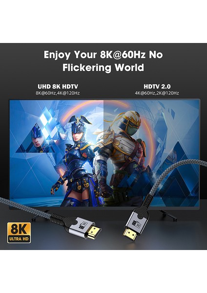 3-Metre Ultra Sertifikalı HDMI 2.1 Kablo 48Gbps 8K/60Hz,4K/120Hz,4K/60Hz, Earc, Hdcp 2.2, D-Hdr, Dolby Vision, Dolby Atmos Ce Lisanslı Örgülü Sağlam