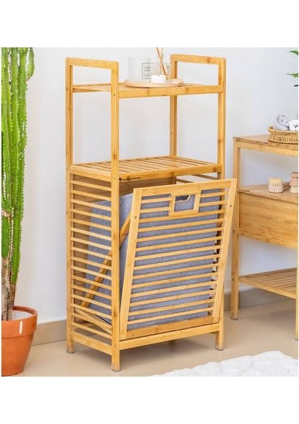 Bambu Kirli Sepetli 2 Rafli Çok Amaçlı Banyo Düzenleyici Çamaşır Sepeti Organizer
