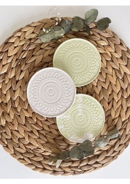 Mandala Desenli Mint Yeşili Beton Bardak Altlığı (Vernikli ve Keçeli)
