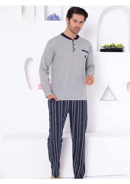 Erkek 3 Düğmeli Çizgili Desen Pamuk Uzun Kol Mevsimlik Cepli Büyük Beden Pijama Takımı