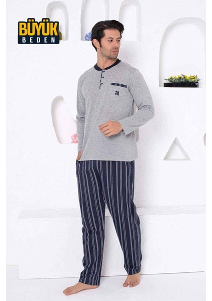 Erkek 3 Düğmeli Çizgili Desen Pamuk Uzun Kol Mevsimlik Cepli Büyük Beden Pijama Takımı modelleri