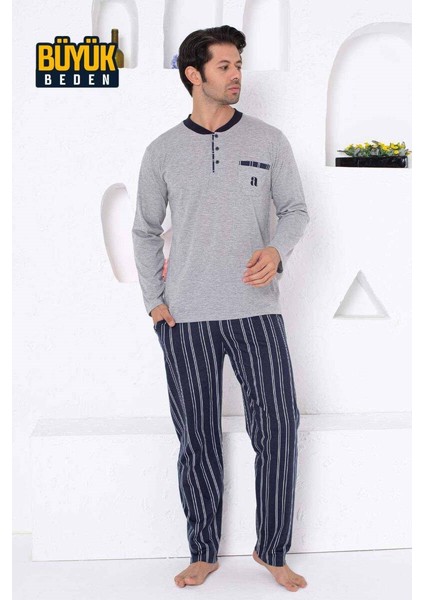 Erkek 3 Düğmeli Çizgili Desen Pamuk Uzun Kol Mevsimlik Cepli Büyük Beden Pijama Takımı fırsatları