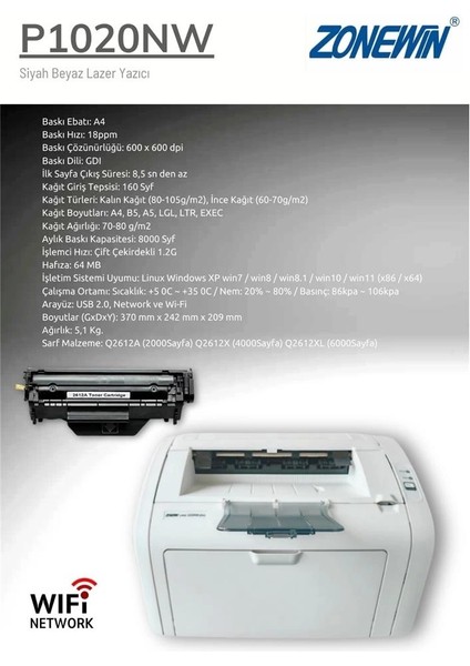 1020NW Mono Laser A4 Yazıcı - Network, Wi-Fi