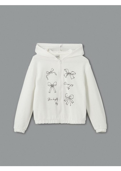 Kapüşonlu Fiyonk Baskılı Kız Çocuk Fermuarlı Sweatshirt