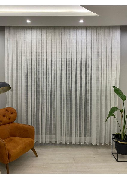 4002 Kendinden Desenli Modern Ekru Tül Perde 1/2,5 Orta Normal Pileli