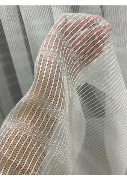 4002 Kendinden Desenli Modern Ekru Tül Perde 1/3 Sık Pileli