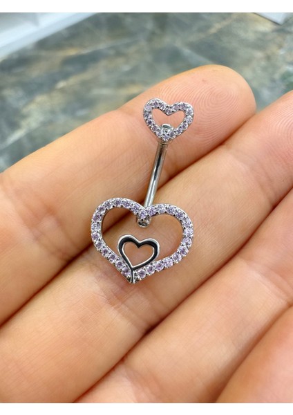 Cerrahi Çelik Pembe Zirkon Taşlı Kalpli Göbek Piercingi