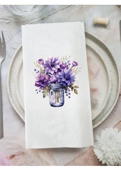 Mor Çiçek Baskılı Peçete 15 Adet