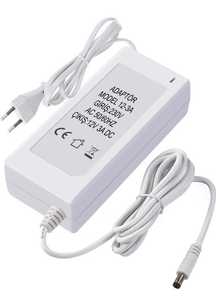 Adaptör 12 Volt 3 Amper 5.5x2.5mm Masa Tip Beyaz