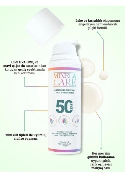 Minela Care Anti Aging Organik Mineral Filtreli Yüz Güneş Kremi S50 70GR