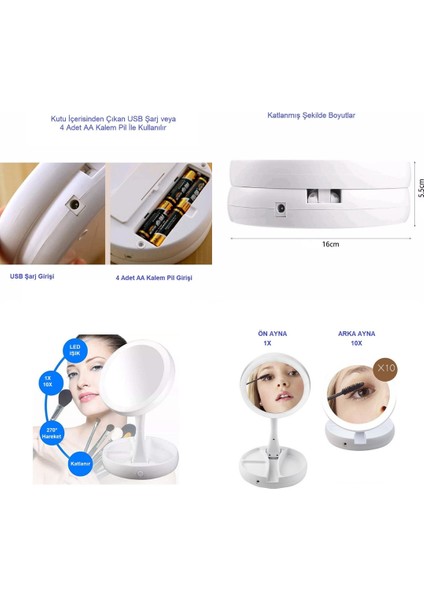 LED Işıklı 10X Katlanabilir Çift Taraflı USB Makyaj Aynası