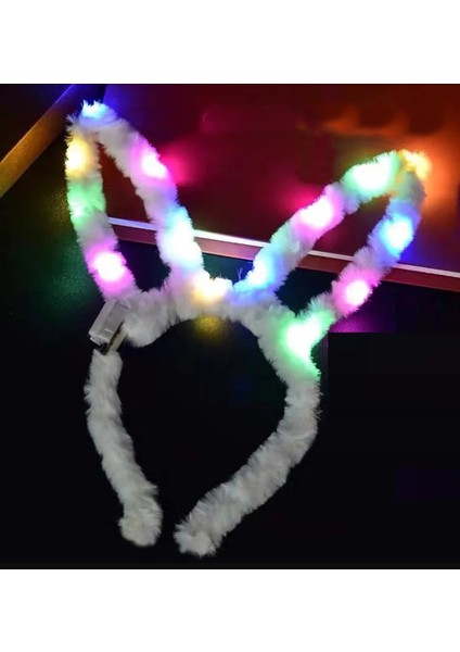 LED Işıklı Peluş Pofuduk Tavşan Kulak Tavşan Taç Beyaz 17 x 23 cm (4886)