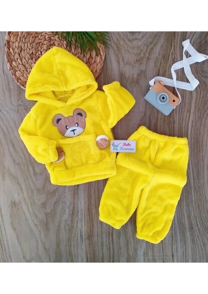 Unisex Sarı Ayıcık Cepli %100 Pamuk Peluş Kapşonlu 2li Takım BBK5512