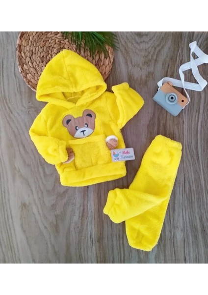 Unisex Sarı Ayıcık Cepli %100 Pamuk Peluş Kapşonlu 2li Takım BBK5512 fiyatları
