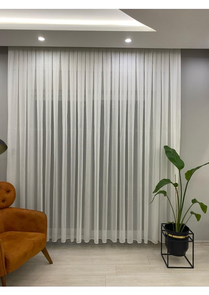 4003 Ağır Gramajlı Balık Sırtı Desenli Modern Ekru Tül Perde 1/3 Sık Pileli