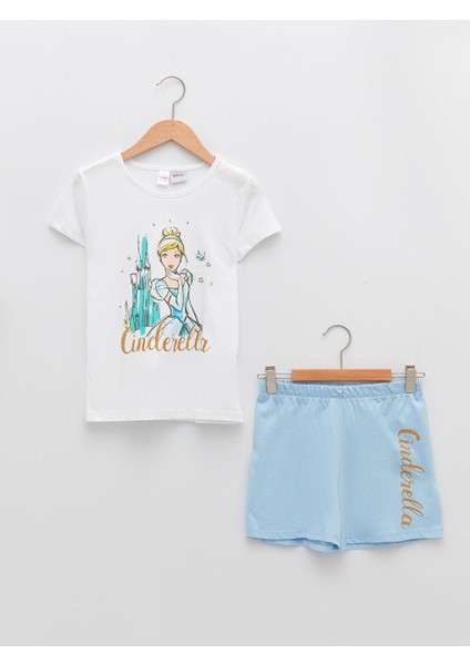 Bisiklet Yaka Sindirella Baskılı Kısa Kollu Pamuklu Kız Çocuk Pijama Takımı