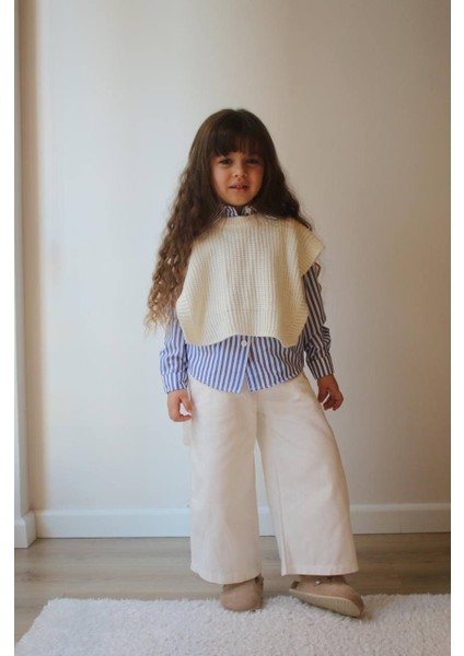 Kız Çocuk 3'lü Takım Gabardini Pantalon Gömlek ve Triko Mavi-Beyaz