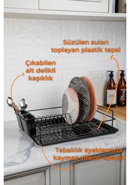 Paslanmaz Metal Bulaşıklık Tezgah Üstü Bulaşık Kurutmalık Tek Katlı Tabaklık TB-01 SİYAH