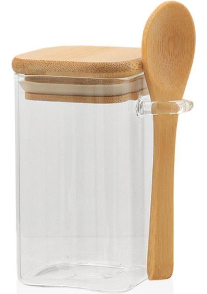 Kaşıklı Bambu Kapak Vakumlu Cam Kavanoz Borosilikat Cam 500 ml