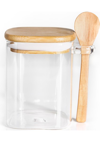 Kaşıklı Bambu Kapak Vakumlu Cam Kavanoz Borosilikat Cam 500 ml