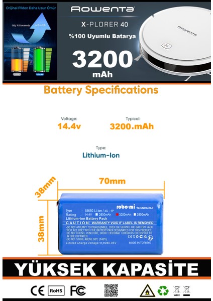 Rowenta X-Plorer 40 Serie Uyumlu 3200 Mah Robot Süpürge Bataryası
