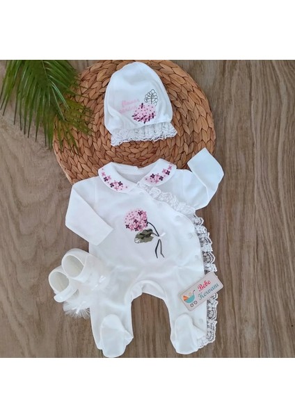 Bebekervanı Kız Bebek Ortanca Çiçek Işlemeli %100 Pamuklu 11'li Hastane Çıkışı Zıbın Takımı BBK1012