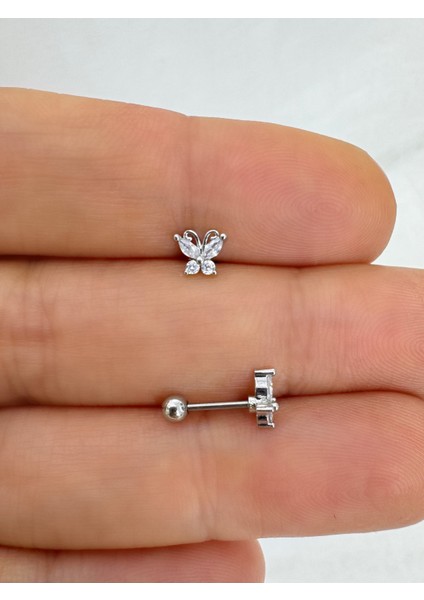 Çelik Barlı Zirkon Taşlı 1 Adet Kelebek Tragus Helix Lobe Uyumlu Piercing