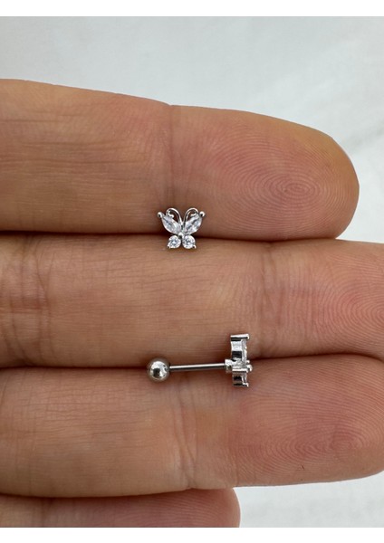 Çelik Barlı Zirkon Taşlı 1 Adet Kelebek Tragus Helix Lobe Uyumlu Piercing