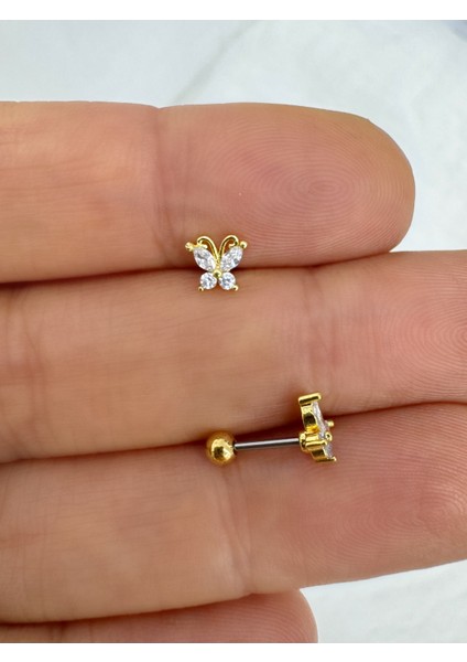 Çelik Barlı Zirkon Taşlı 1 Adet Kelebek Tragus Helix Lobe Uyumlu Piercing