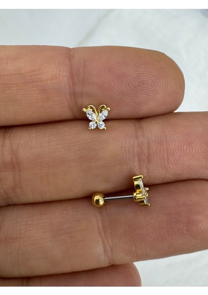 Çelik Barlı Zirkon Taşlı 1 Adet Kelebek Tragus Helix Lobe Uyumlu Piercing