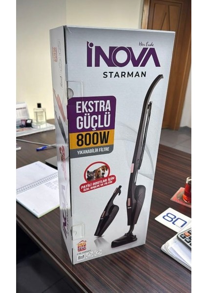 Inova Starman 2'si 1 Arada En Güçlü Pratik Dikey Süpürge Üçgen Başlık Torbasız Kullanım 800 W Siyah