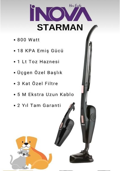 Inova Starman 2'si 1 Arada En Güçlü Pratik Dikey Süpürge Üçgen Başlık Torbasız Kullanım 800 W Siyah