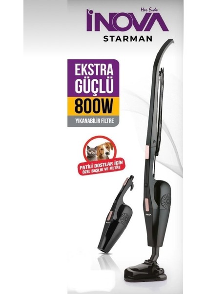 Inova Starman 2'si 1 Arada En Güçlü Pratik Dikey Süpürge Üçgen Başlık Torbasız Kullanım 800 W Siyah