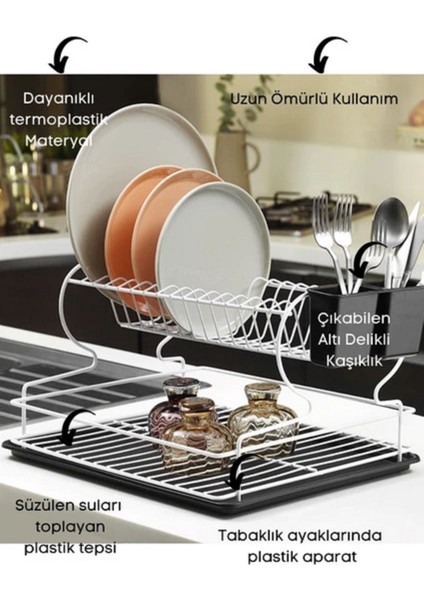 Paslanmaz 2 Katlı Tabaklık Bulaşıklık Termo Plastik Kaplama Metal Tabaklık - Bulaşık Sepeti TB-02 BEYAZ