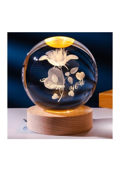 Dekoratif Gül I Love You Tasarımlı Ahşap Altlıklı Işıklı Cam Küre Büyük Boy Cam:8 cm Ahşap:2 cm