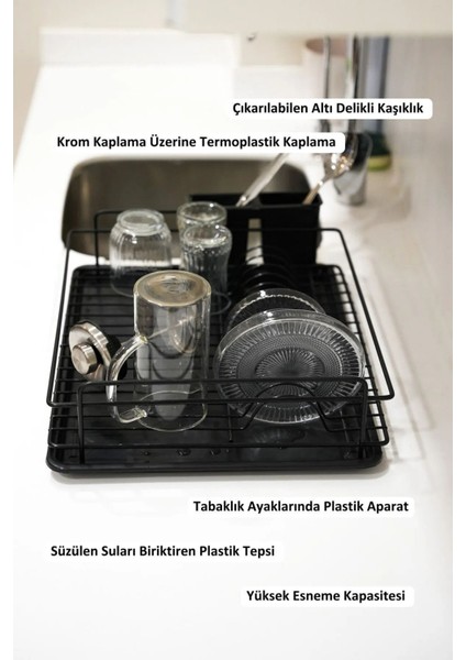 Paslanmaz Tek Katlı Tabaklık Bulaşıklık Bulaşık Kurutma Sepeti Tezgah Üstü Kurutma TB-01 SİYAH