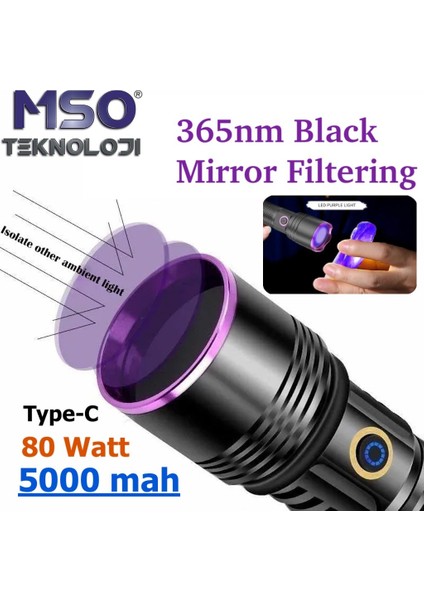 Profesyonel 80Watt UV 365nm Değerli Taş Type-C LED Fener