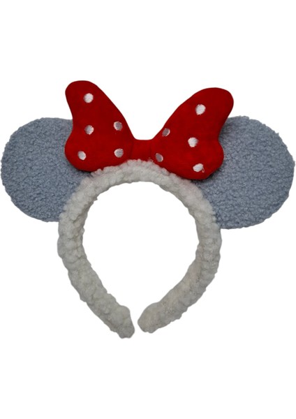 Kız Çocuk Mavi Renk Yün Peluş Mickey Kulak Figürlü Puantiyeli Fiyonklu Saç Toka