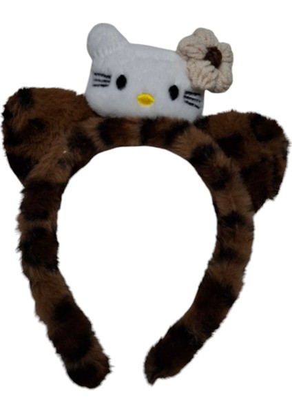 Kız Çocuk Beyaz Renk Leopar Desen Hello Kitty Figürlü ve Çiçekli Saç Toka
