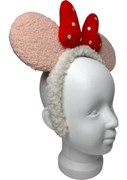Kız Çocuk Pembe Renk Yün Peluş Mickey Kulak Figürlü Puantiyeli Fiyonklu Saç Toka modelleri