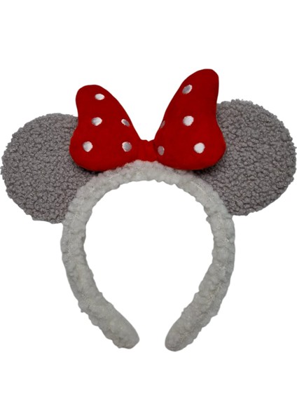 Kız Çocuk Gri Renk Yün Peluş Mickey Kulak Figürlü Puantiyeli Fiyonklu Saç Toka