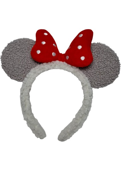 Kız Çocuk Gri Renk Yün Peluş Mickey Kulak Figürlü Puantiyeli Fiyonklu Saç Toka indirimleri