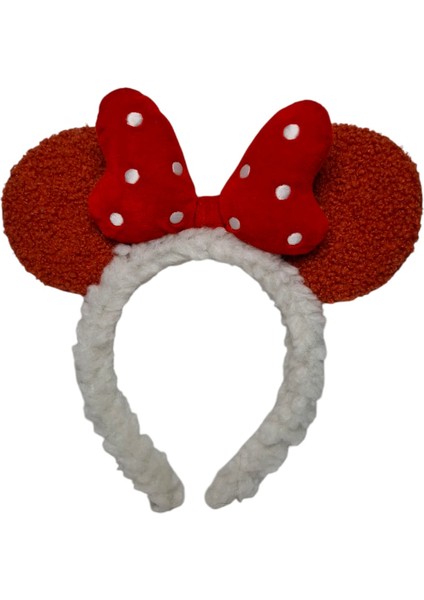 Kız Çocuk Kiremit Renk Yün Peluş Mickey Kulak Figürlü Puantiyeli Fiyonklu Saç Toka