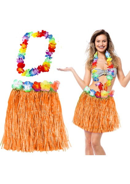 Hawaii Luau Aloha Turuncu Püsküllü 40 cm Etek ve Hawaii Kolye Seti (4744)