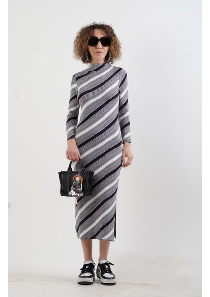 Diagonal Çizgili Triko Elbise modelleri