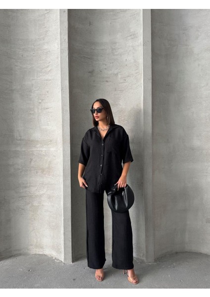 Siyah Keten Dokulu Oversize Gömlek ve Palazzo Pantolon Takım fiyatları