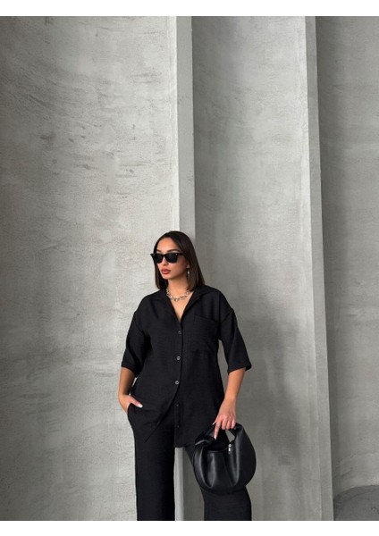 Siyah Keten Dokulu Oversize Gömlek ve Palazzo Pantolon Takım modelleri